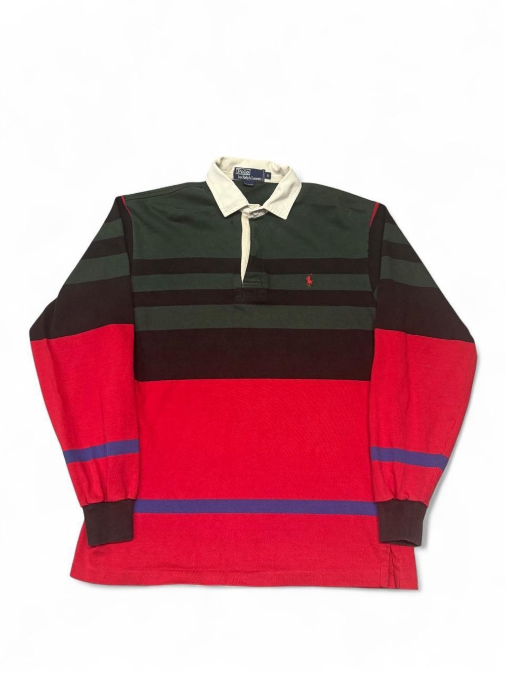 VTG 90s Polo Ralph Lauren long sleeve striped rugby shirt polo green red S mens